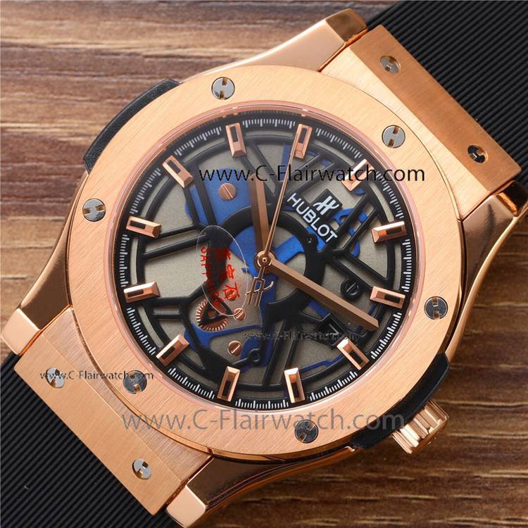 Replica Hublot Classic Fusion Rose Gold Rubber Strap Watch 42mm